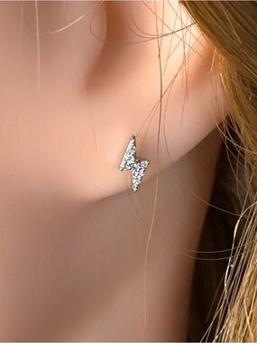 Silver Lightning Bolt Stud Earrings Cubic Zirconia Minimal Dainty